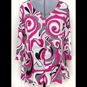 Shimmery INC Int'l Concepts 1X Pink, Gray & Wht Pucci Style Print Stretch Blouse